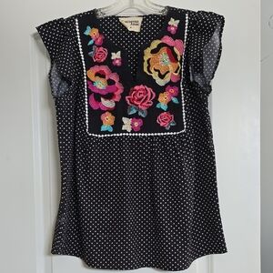 Savanna Jane Black Top with Colorful Embroidery